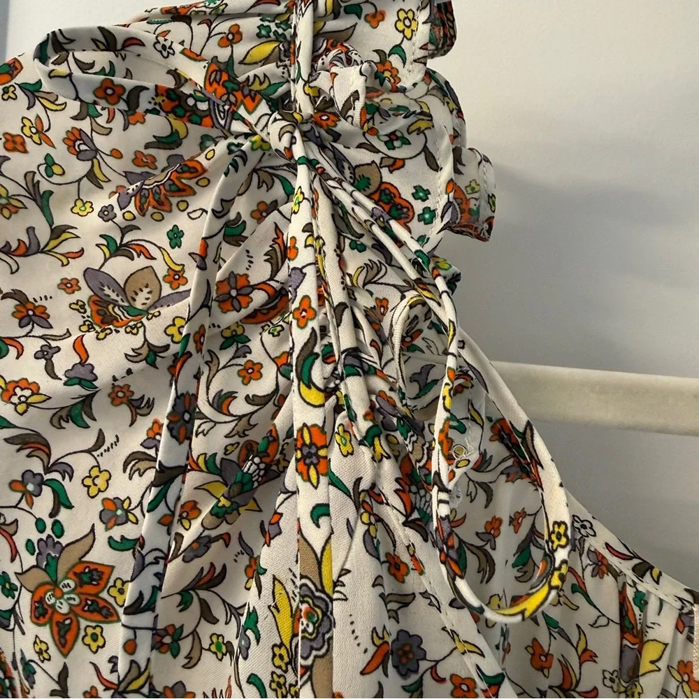 Tory Burch 100% Silk Botanical Woodblock Print Peasant Blouse Size 8 Boho Chic